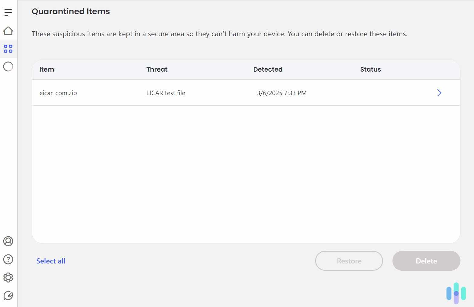 مکآفی به سرعت فایلهای تست بدافزار را پیدا و قرنطینه کرد.