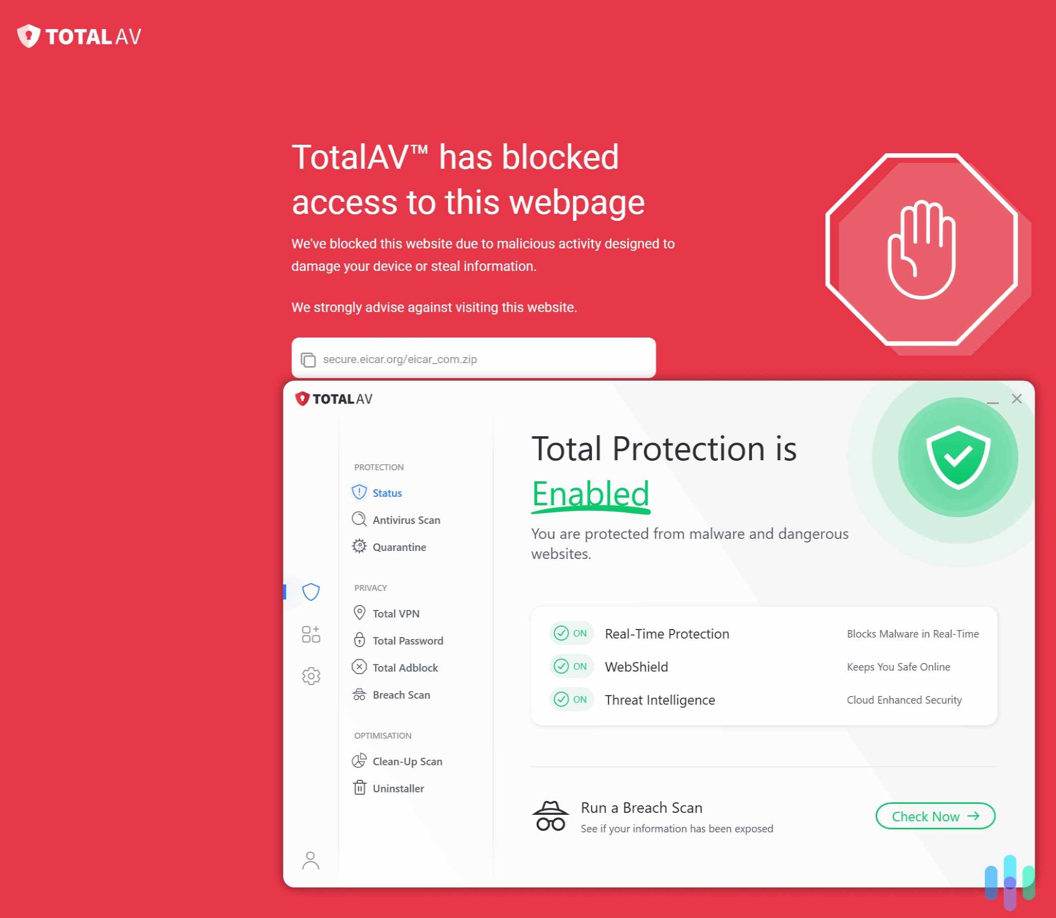 TotalAV با موفقیت یک وبسایت با فعالیتهای مخرب را مسدود کرد.